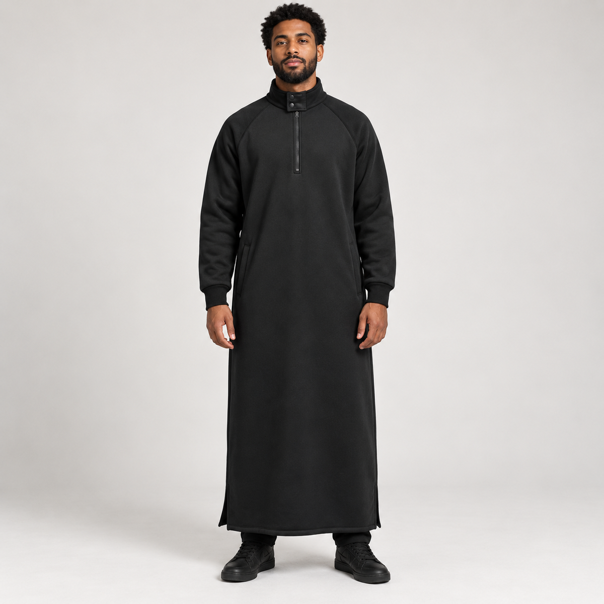 Qamis polaire homme noir AWRAH, col montant à pressions et demi-zip