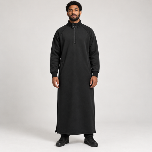Qamis polaire homme noir AWRAH, col montant à pressions et demi-zip