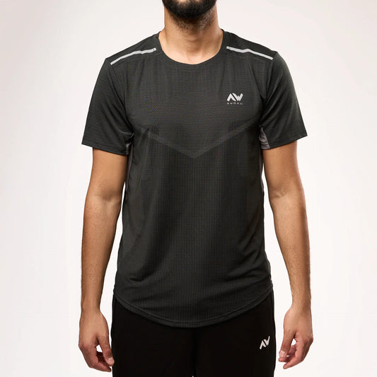 Vue avant d’un T-shirt ClimaDry gris – coupe longue pudique couvrant la awrah jusqu’en bas du dos